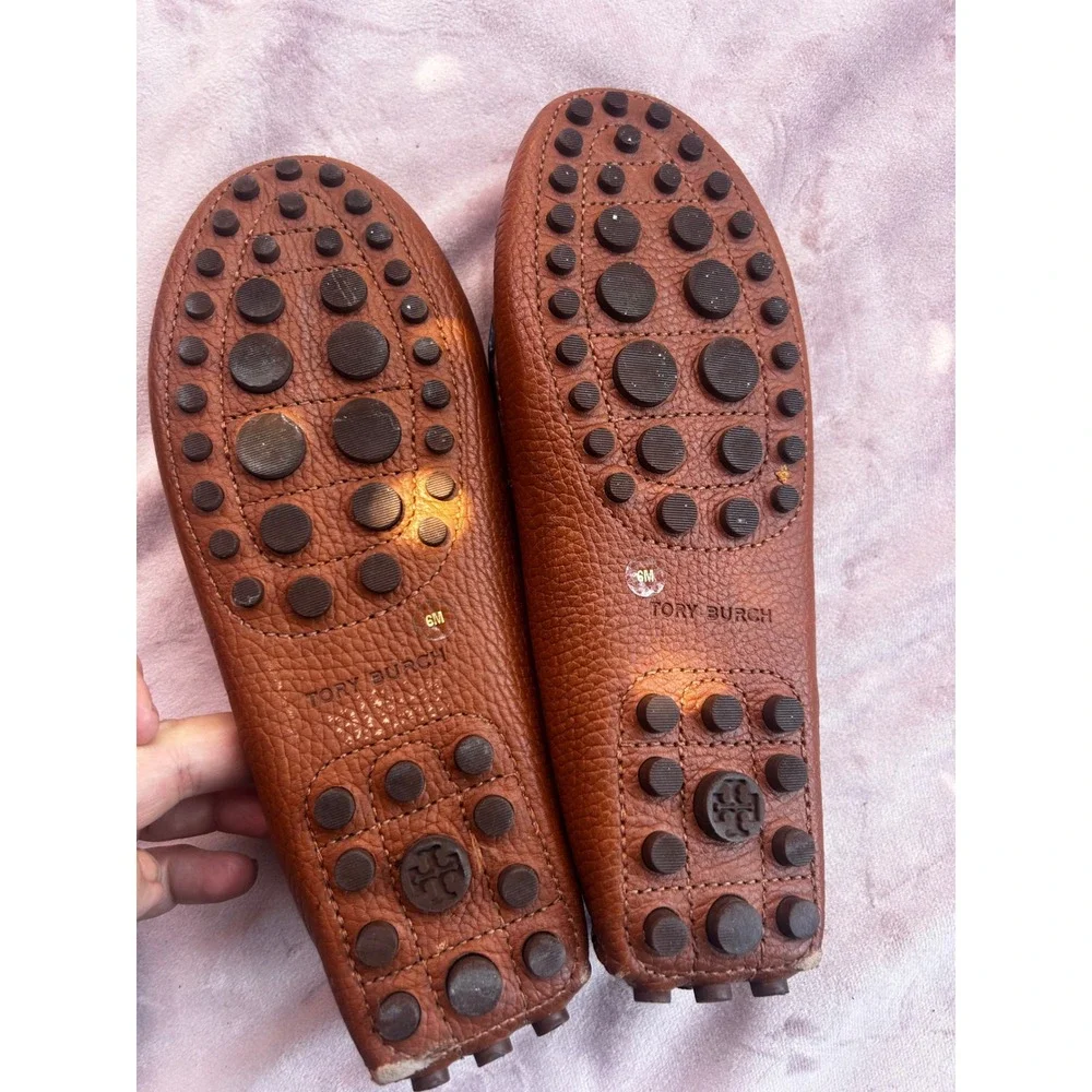 Tory Burch Colorblock Pebbled Leather Driving Loafers Brown Yellow Blue 6M